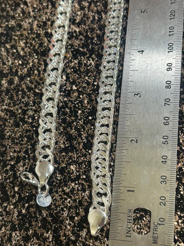 Men's Silver Figaro Link Chain Necklace Flat Grumetta Mesh 24" Lobster Clasp Heavy