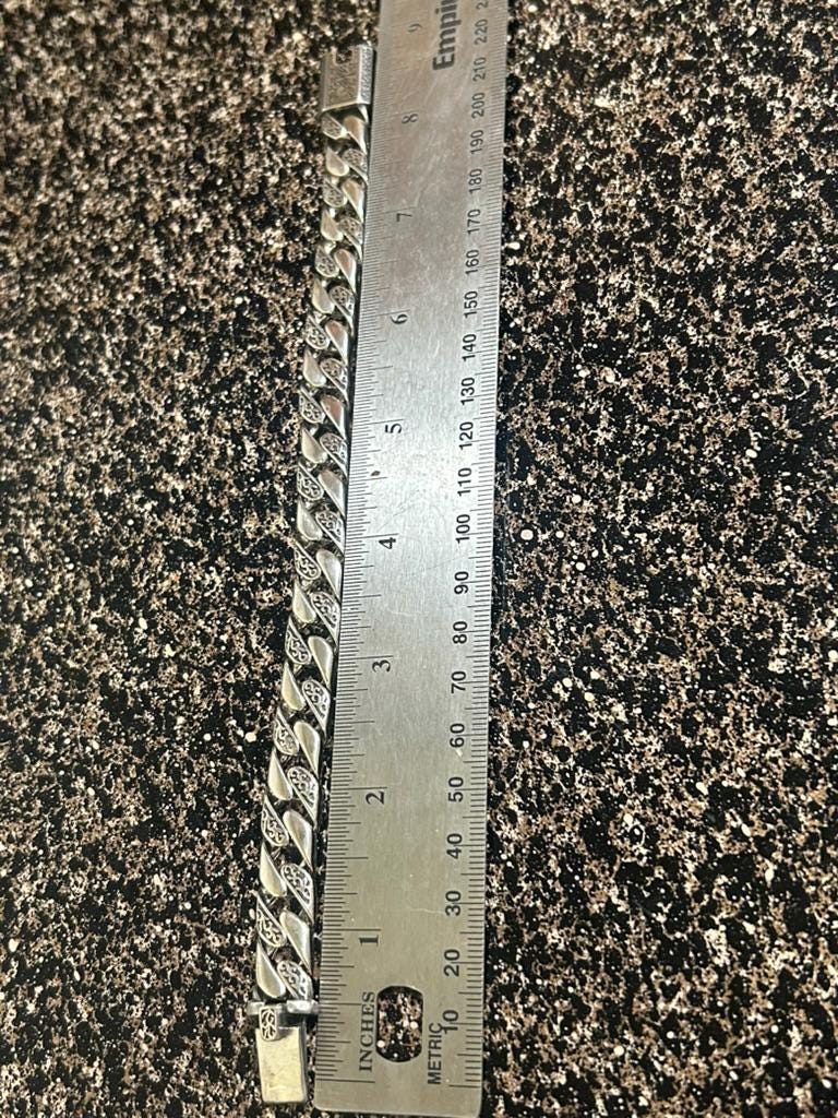 Men's Sterling Silver Textured Cuban Link Bracelet Intricate Detail Curb Chain 8.5"
