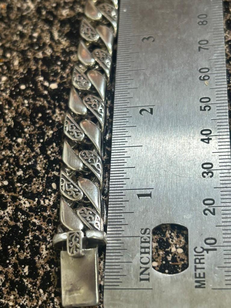 Men's Sterling Silver Textured Cuban Link Bracelet Intricate Detail Curb Chain 8.5"